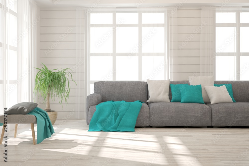 Fototapeta premium Stylish room in white color with sofa. Scandinavian interior design. 3D illustration