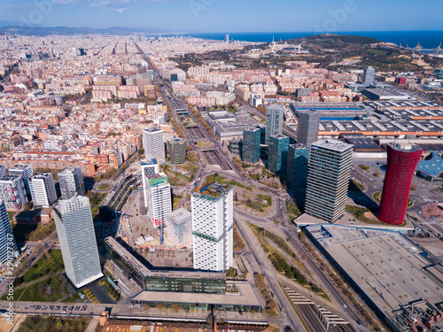 Aerial view of Gran Via, Plaza de Europa, convention center of Fira de Barcelona