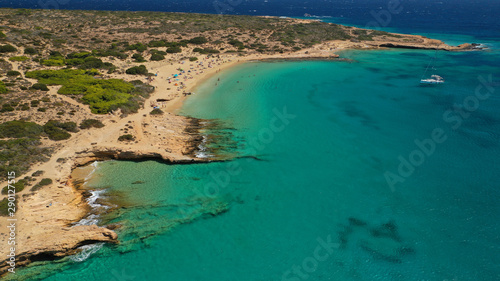 Aerial drone photo of iconic breathtaking turquoise sandy beach of Platia Pounta or Italida in famous island of Koufonissi, Small Cyclades, Greece