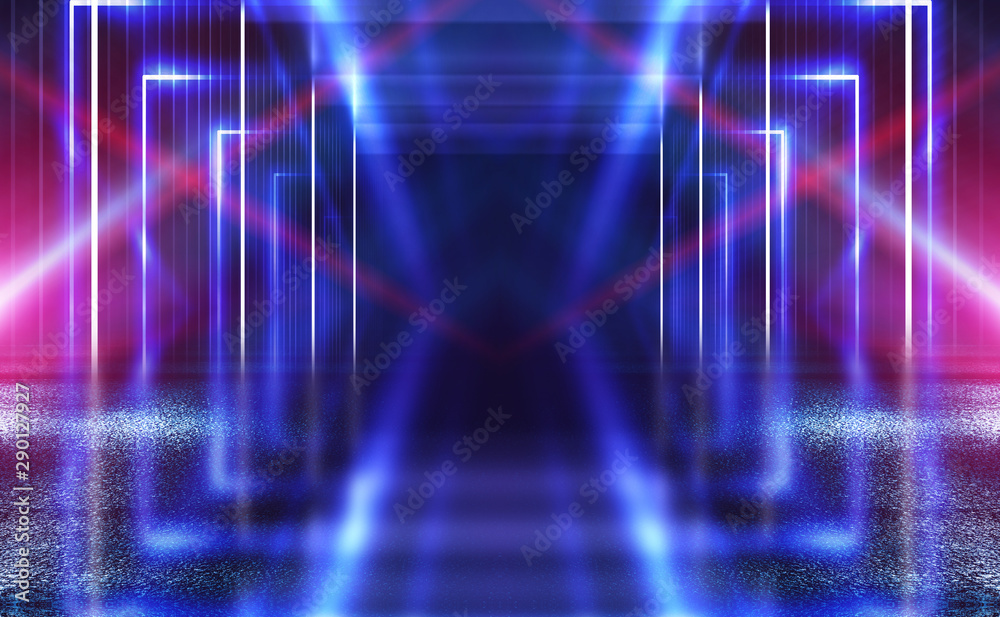 Dark abstract futuristic background. Neon lines glow. Neon lines, shapes. Pink-blue glow. Empty Stage Background Dark abstract futuristic background. Neon lines glow. Neon lines, shapes. Pink-blue glow. Empty Stage Background