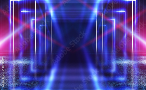 Dark abstract futuristic background. Neon lines glow. Neon lines, shapes. Pink-blue glow. Empty Stage Background © Laura Сrazy