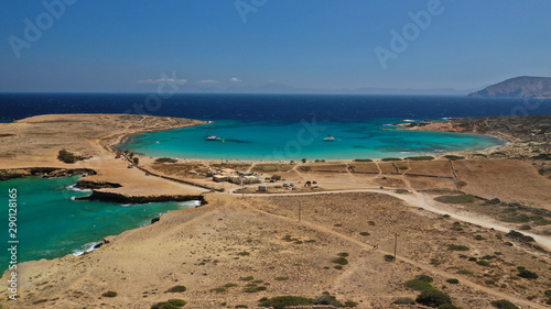 Aerial drone photo of paradise round turquoise sandy beach of Pori in famous island of Koufonissi, Small Cyclades, Greece © aerial-drone