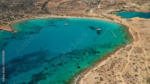 Aerial drone photo of paradise round turquoise sandy beach of Pori in famous island of Koufonissi, Small Cyclades, Greece