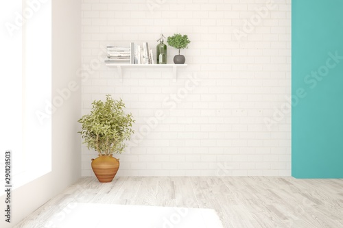 Fototapeta Naklejka Na Ścianę i Meble -  Empty room in white color with green flower and shelf on a wall. Scandinavian interior design. 3D illustration