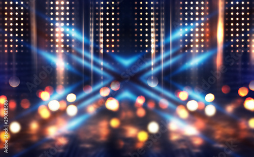 Wallpaper Mural Abstract background. Dark empty stage, multi-colored rays of a neon searchlight, wet asphalt, smoke, night shooting, bokeh color. Torontodigital.ca