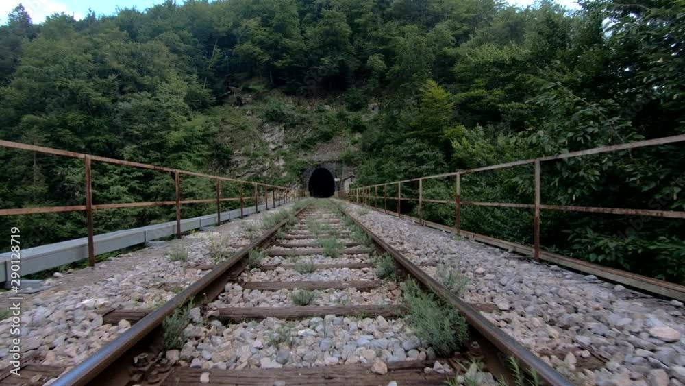 4K Forward moving low angle Vintgar gorge stone arch bridge railway tunnel, Slovenia 4K Forward moving low angle Vintgar gorge stone arch bridge railway tunnel, Slovenia