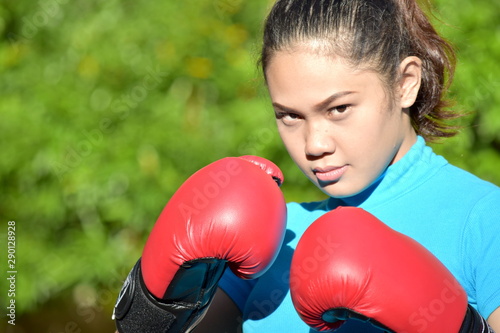 Serious Fitness Asian Person Wearing Boxing Gloves © dtiberio