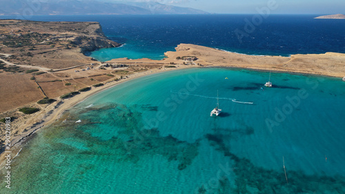 Aerial drone photo of paradise round turquoise sandy beach of Pori in famous island of Koufonissi, Small Cyclades, Greece