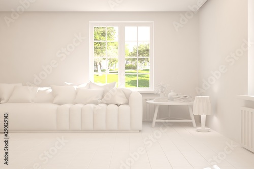 Mock up of stylish room in white color with sofa and green landscape in window. Scandinavian interior design. 3D illustration