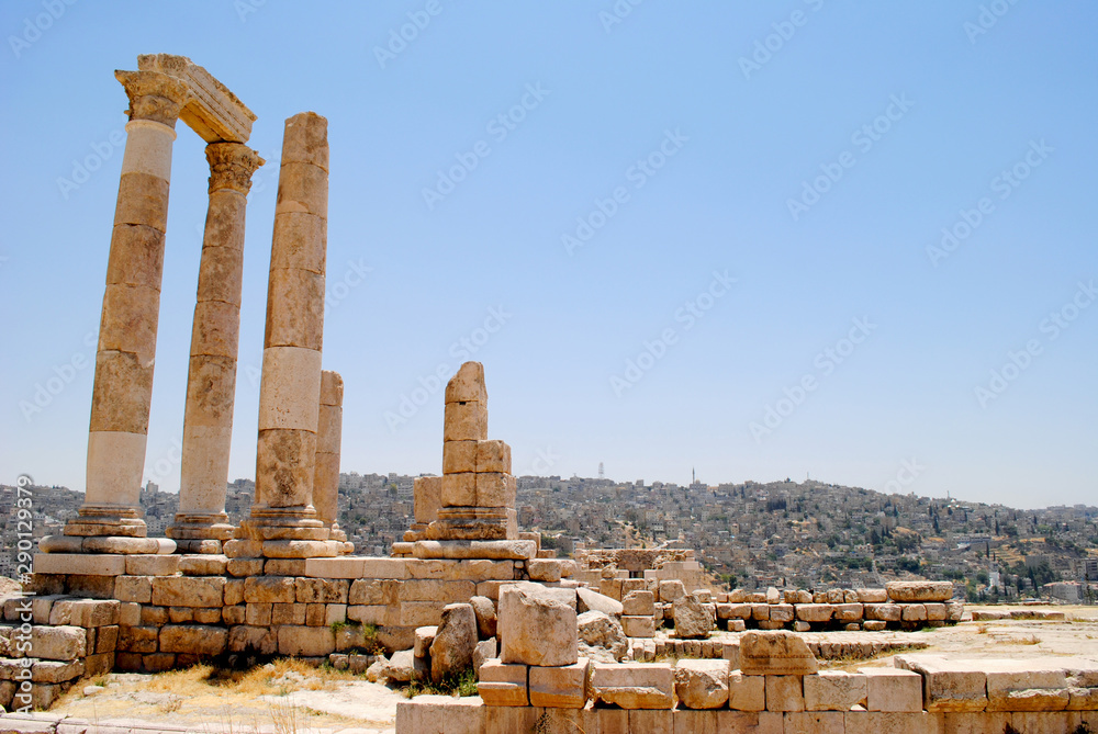 Roman ruins in the middle of the ancient citadel park in the center of the city of Amman, Jordan's capital.