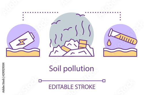 Soil pollution concept icon. Land degradation. Uncontrolled landfill and garbage dumps. Waste contamination. Eco problem idea thin line illustration. Vector isolated outline drawing. Editable stroke