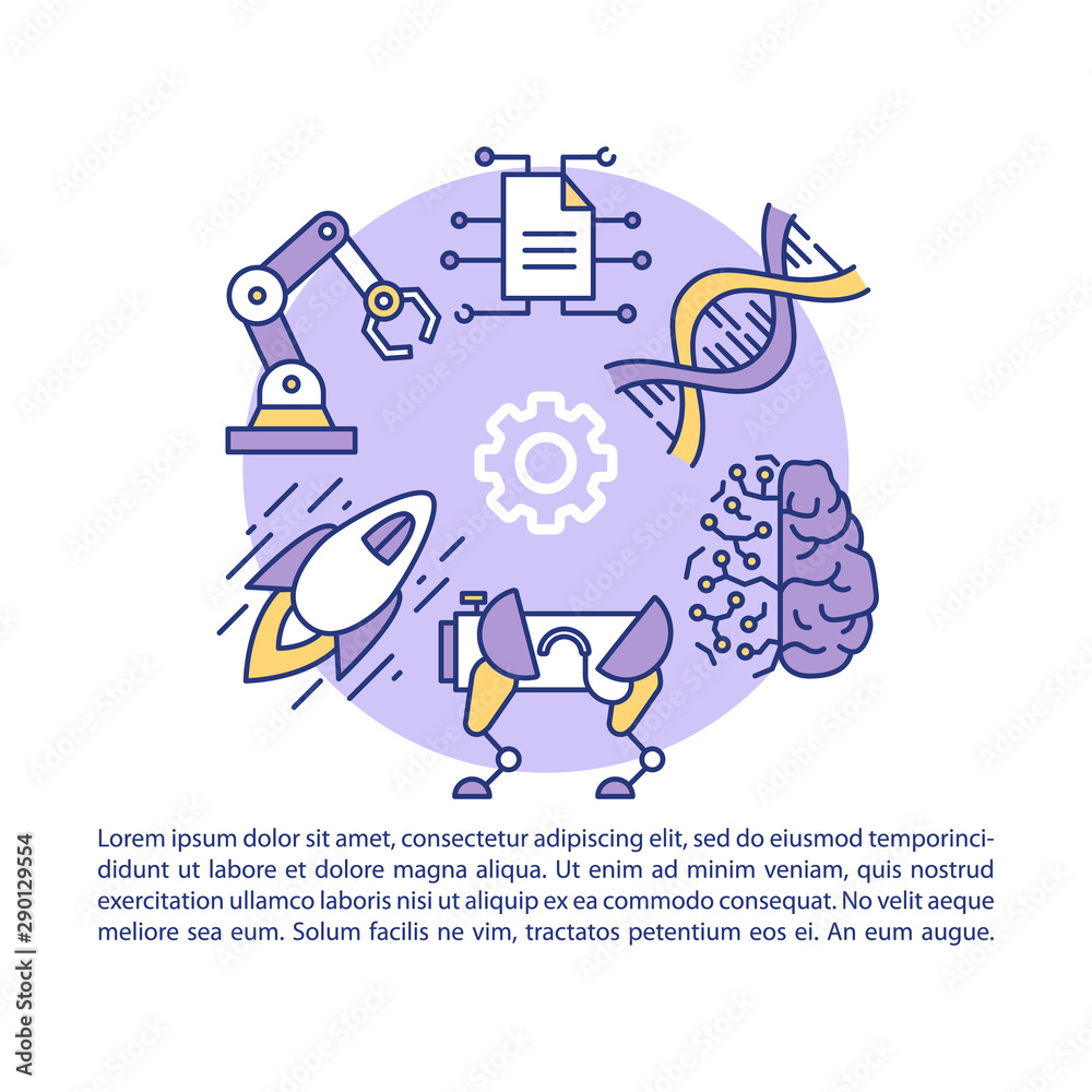 Science fiction article page vector template. Brochure, magazine, booklet design element with linear icons. Futuristic technologies, sci fi engineering. Print design. Concept illustrations with text