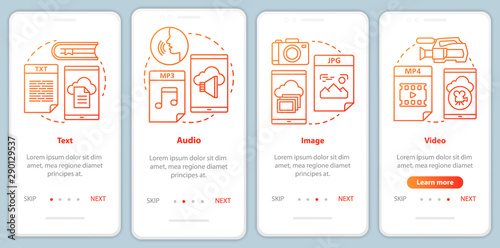 Digital library content onboarding mobile app page screen with linear concepts. Video media types 4 walkthrough steps graphic instructions in red. UX, UI, GUI vector template with illustrations