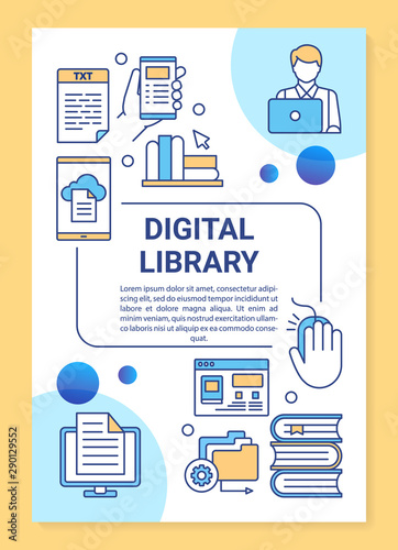 Digital library poster template layout. Banner, booklet, leaflet print design with linear icons. Virtual e-library. Ebook reading app. Vector brochure page layouts for magazines, advertising flyers
