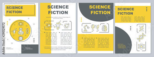 Science fiction book brochure template. Sci fi literature. Flyer, booklet, leaflet print, cover design with linear illustrations. Vector page layouts for magazines, annual report, advertising poster