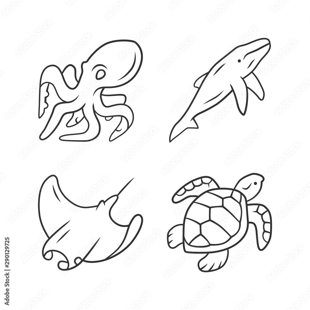 Underwater world linear icons set. Swimming octopus, squid, turtle. Ocean animals. Marine fauna. Aquatic creatures. Thin line contour symbols. Isolated vector outline illustrations. Editable stroke Stock Vector | Adobe Stock Underwater world linear icons set. Swimming octopus, squid, turtle. Ocean animals. Marine fauna. Aquatic creatures. Thin line contour symbols. Isolated vector outline illustrations. Editable stroke Stock Vector | Adobe Stock
