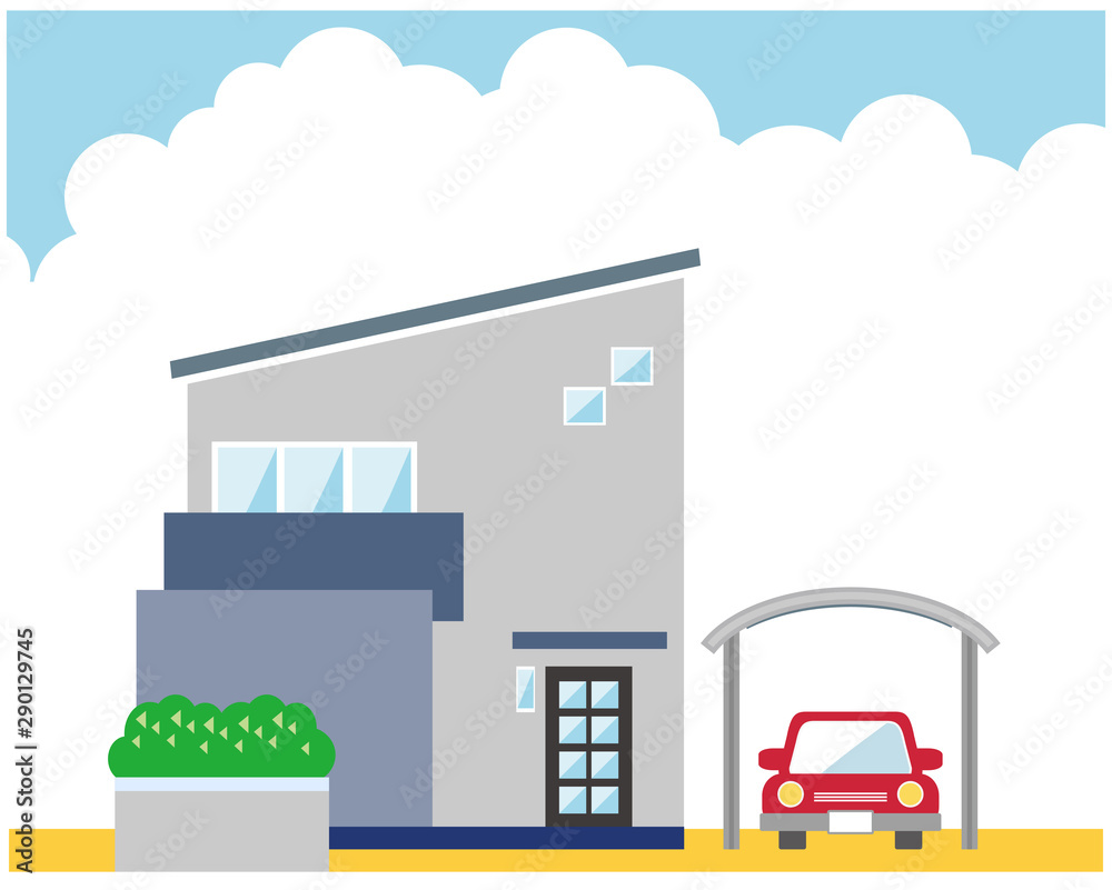 住宅 家 イラスト 一軒家 マイホーム シンプル 車 自動車 空 Stock ベクター Adobe Stock