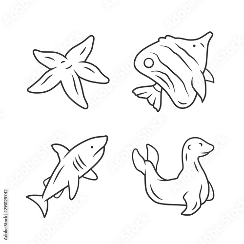 Sea animals linear icons set. Starfish, butterflyfish, shark, seal. Ocean wildlife. Fish species. Undersea world. Thin line contour symbols. Isolated vector outline illustrations. Editable stroke