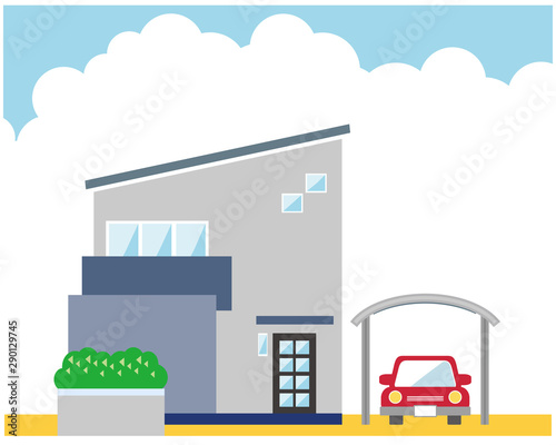 住宅　家　イラスト　一軒家　マイホーム　シンプル　車　自動車 空