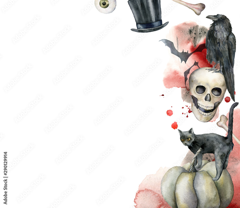 Watercolor halloween card with crow and skull. Hand painted template ...