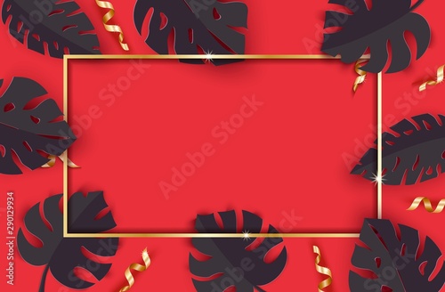 Black summer tropical leaves and gold serpentine on red background in paper cut style. Craft jungle plants collection with frame and confetti. Vector card illustration black friday promotion design