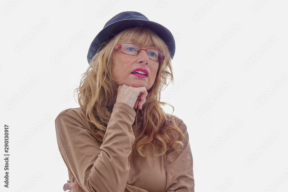 portrait of adult woman with hat isolated on white background