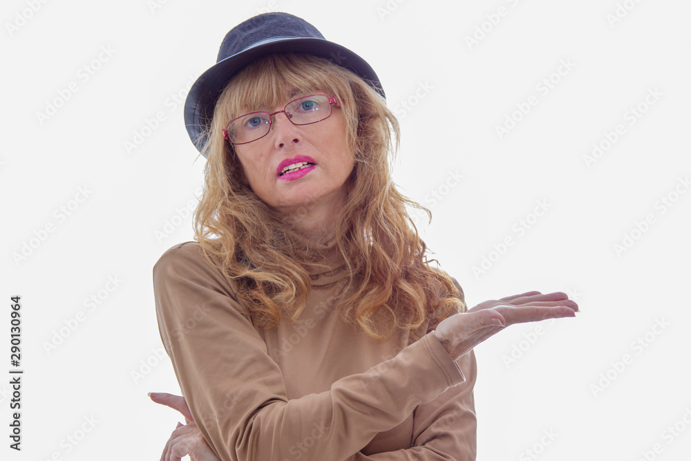 portrait of adult woman with hat isolated on white background portrait of adult woman with hat isolated on white background