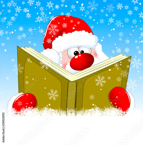 Santa is reading a book. Santa is reading a book on Christmas Eve. Winter background with snowflakes. Winter reading Santa Claus