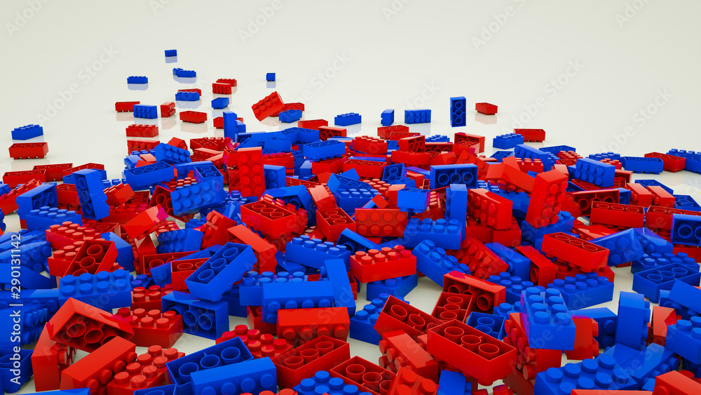 Fototapeta premium red and blue rectangular parts from a children’s designer on a white background. 3d render illustration