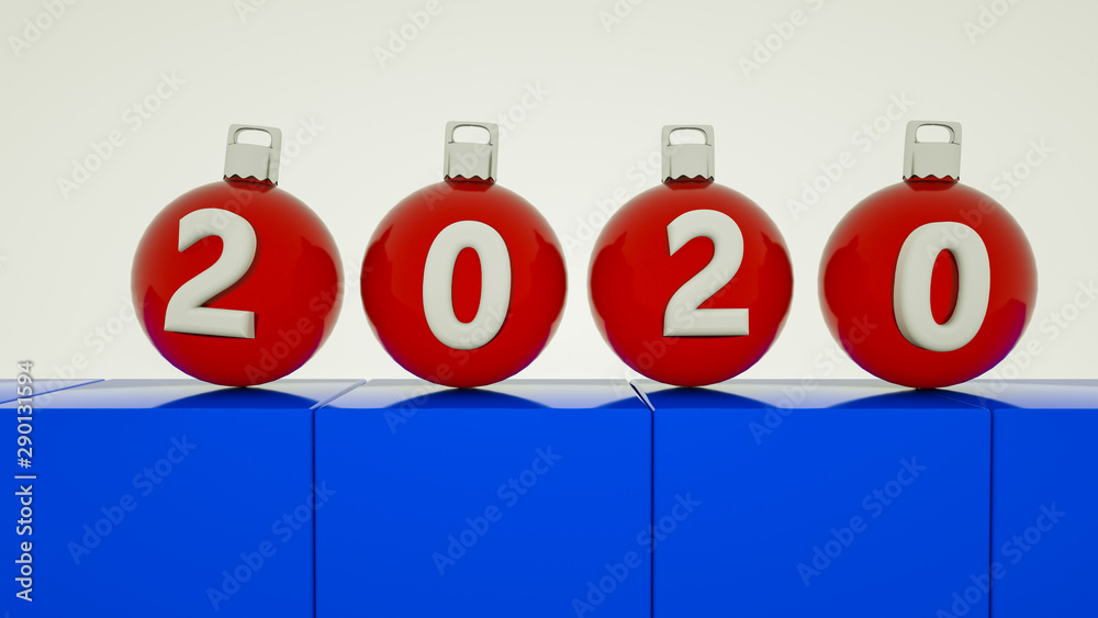 three-dimensional red Christmas balls on blue coasters. digits 2020 new year concept. 3d render illustration three-dimensional red Christmas balls on blue coasters. digits 2020 new year concept. 3d render illustration