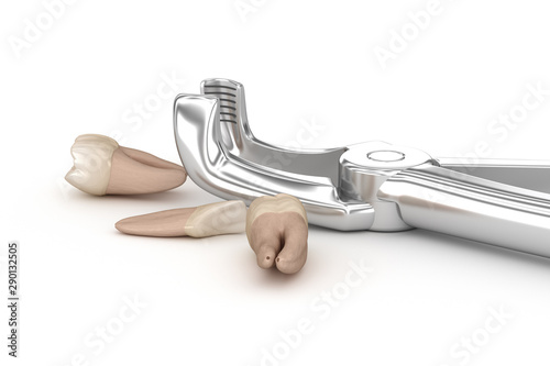 Cuadro en lienzo Extraction forceps and teeth, concept 3D illustration.