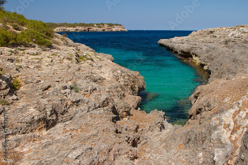 Cala Mondrago is a small beach situated within Mondrago National Park in the south east corner of Mallorca. Mallorca island, Spain.