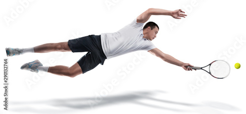 Tennis player reaching the ball isolated on white