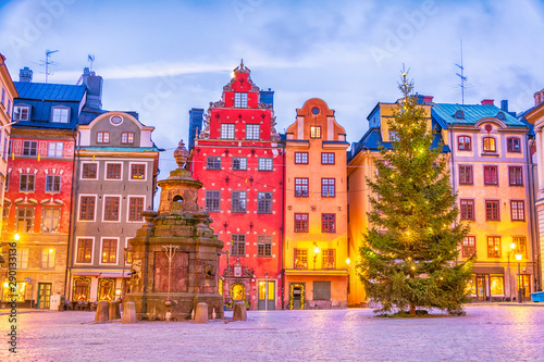 Stortorget square in Old Town (Gamla Stan) decorated for Christmas time at night, Stockholm, Sweden