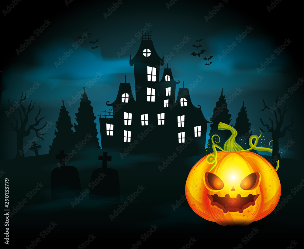 haunted castle with pumpkin in scene halloween