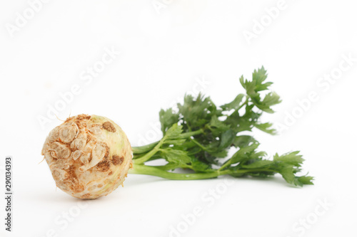 Fresh celery with leaves isolated on white background. Organic celery, healthy vegetable.