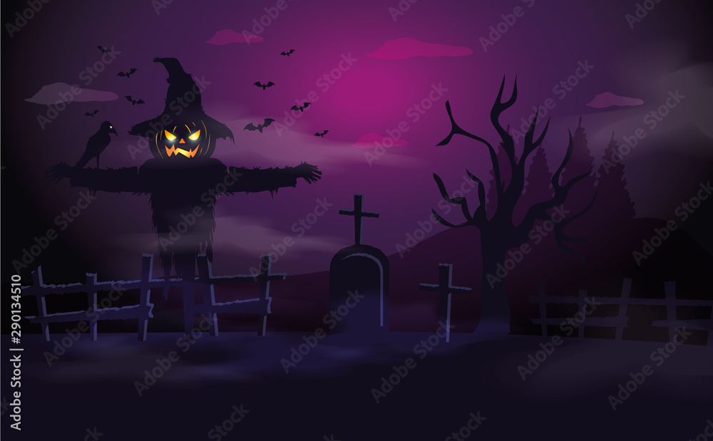 Fototapeta premium scarecrow with tomb in halloween scene