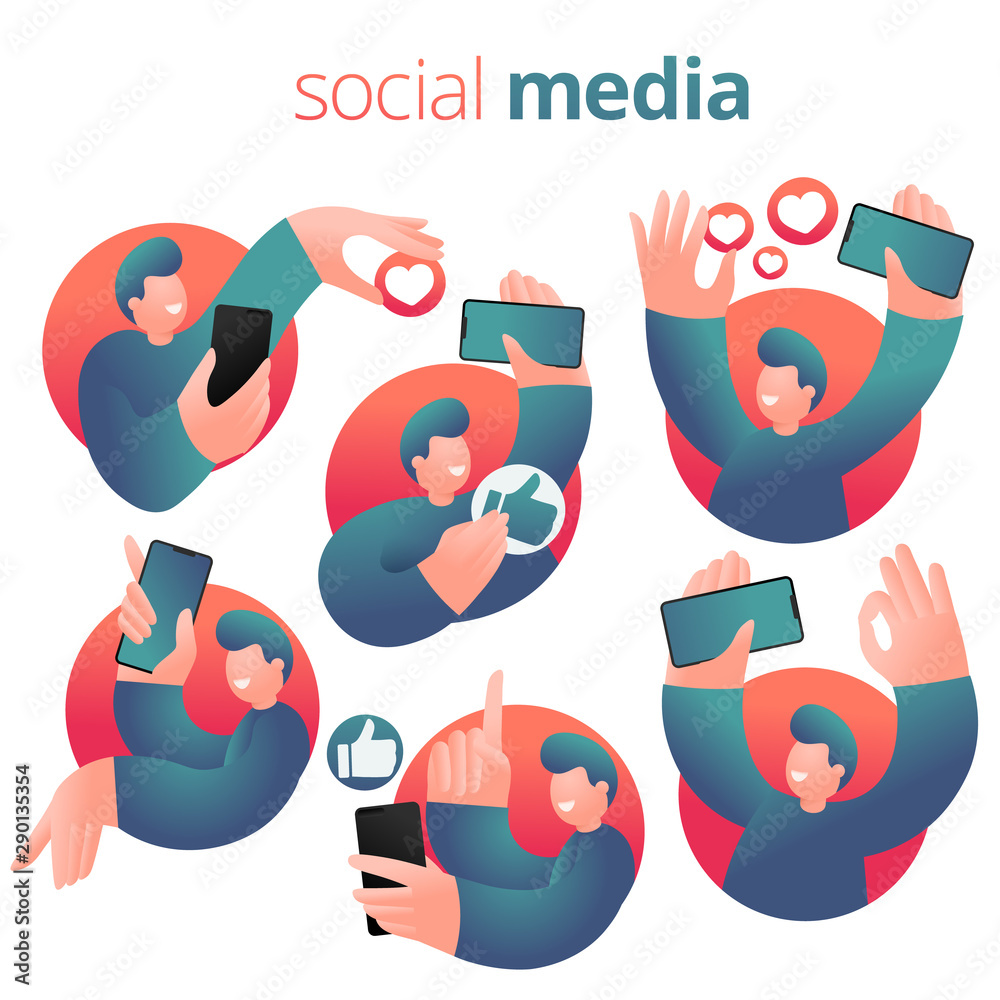 Social Networking expression guy with smartphone. Set of icons Social Networking expression guy with smartphone. Set of icons
