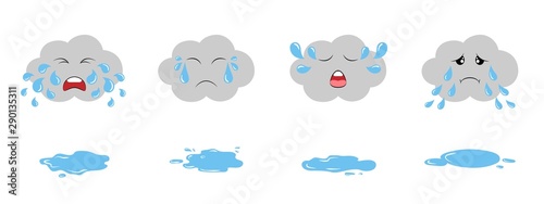 Set of dark crying clouds emoji and puddles. Fluffy rainy clouds. Cute cartoon weeping kawaii clouds collection.