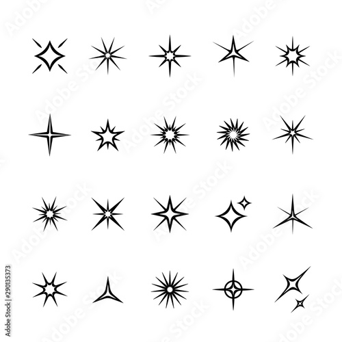 Set of star, sparkle icons. Collection of bright fireworks, twinkles, shiny flash. Glowing light effect stars and bursts .