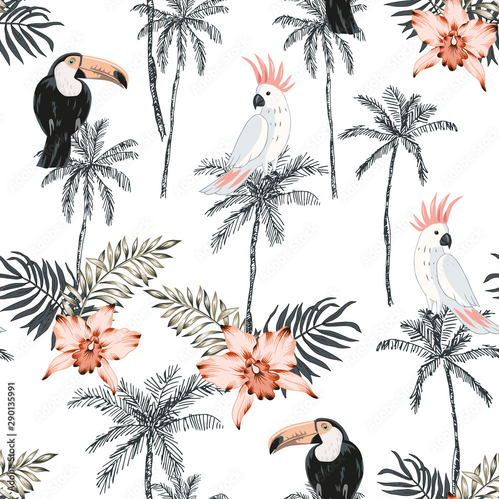 Fototapeta Parrots, toucans, palm tree silhouette, pink orchid flower, leaves, white background. Vector seamless pattern. Tropical illustration. Exotic plants, birds. Summer beach design. Paradise nature