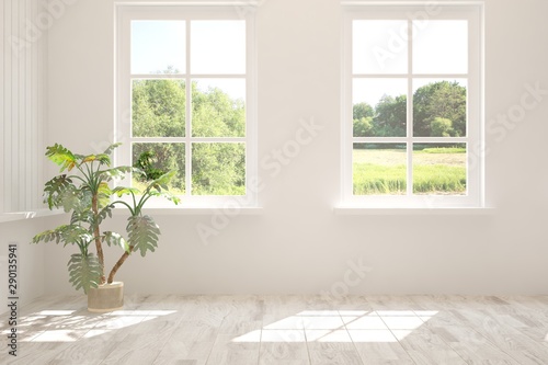 Stylish empty room in white color with summer landscape in window. Scandinavian interior design. 3D illustration