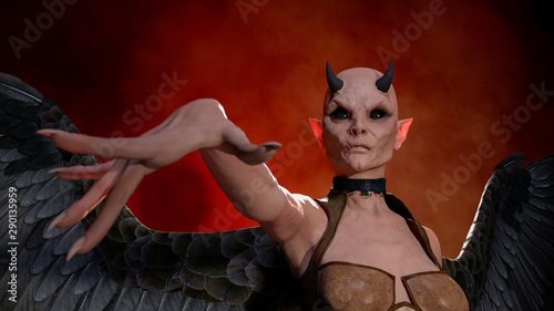 Obraz na plátně Horned female demon posing over red dark background
