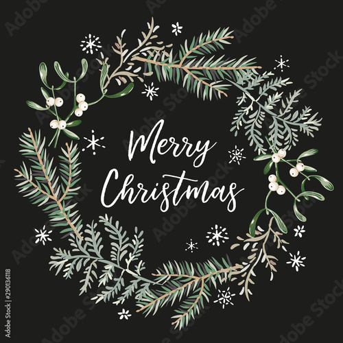 Xmas wreath with text Merry Christmas, black background. Green fir twigs, fern, mistletoe, snowflakes. Vector illustration. Nature design. Greeting card, poster template. Winter season holidays