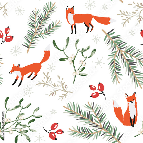 Christmas seamless pattern, white background. Forest fox animals, green fir twigs, mistletoe, berries, snow. Vector illustration. Nature design. Season greeting. Winter Xmas holidays