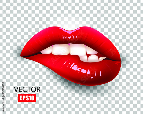 Sexy red lips isolated on transparent background. Bite lip. 3D design. Vector illustration.