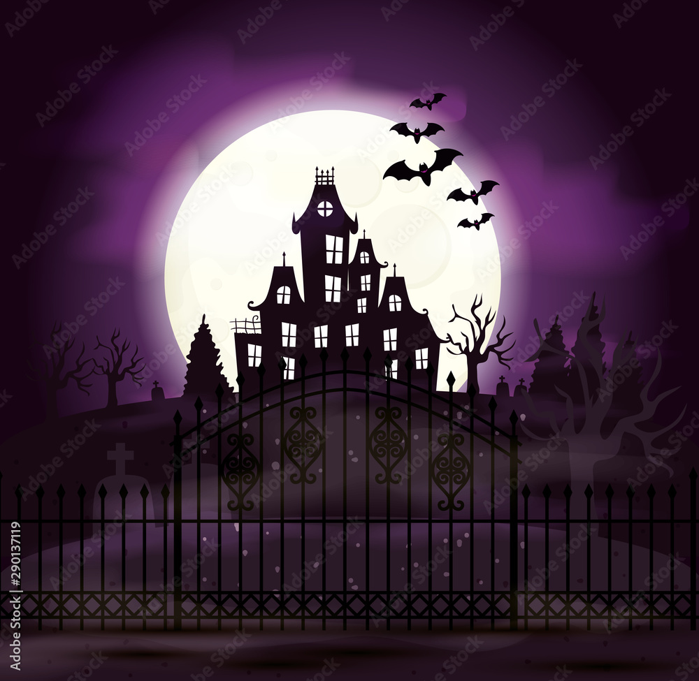 haunted castle with cemetery and icons in halloween scene