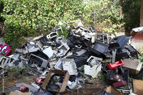 Garbage, old office equipment. Electronic waste devices consist of a monitor, a printer, a desktop computer and a fax for reuse. Plastic, copper, glass can be reused, recycled or recycled.