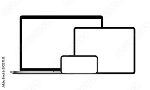 Set of modern devices mockups with blank screens: laptop, tablet computer, smartphone. Vector illustration