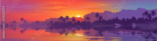 Colorful tropical sunset in palm trees forest and calm water reflection. Vect...